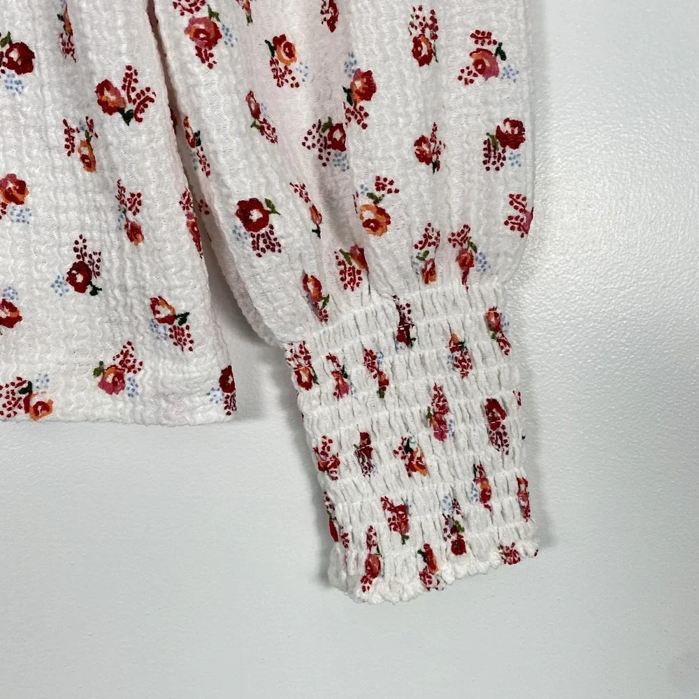 LOFT Shirt Womens Medium White Floral Smocked Square Neck Puff Sleeve Top Cottag